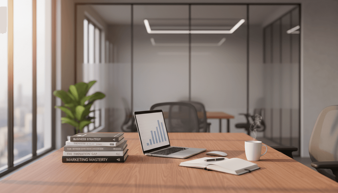 Professional workspace with leadership books and business materials