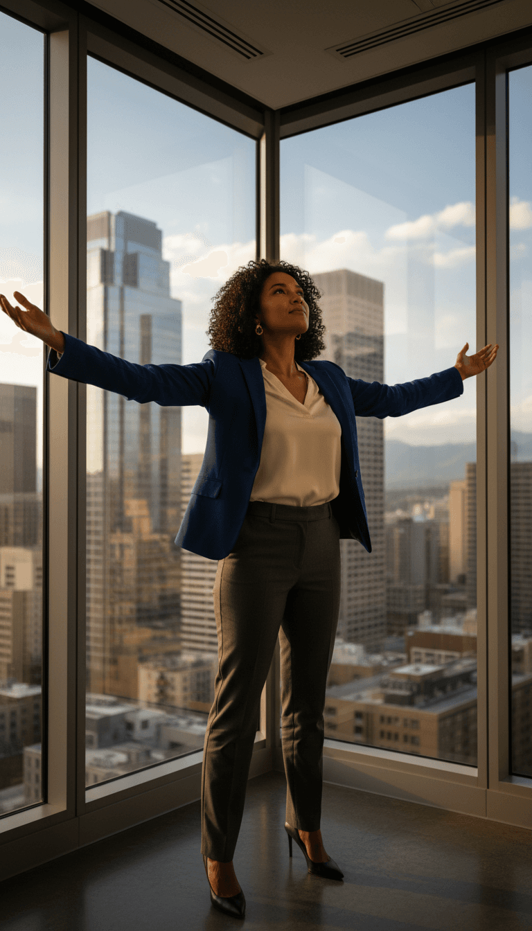 Confident professional standing with arms open in empowered pose by modern glass office windows overlooking cityscape